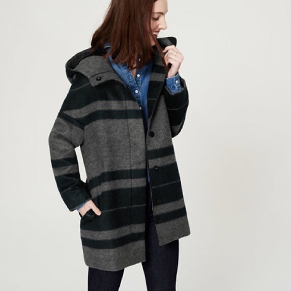 Loft Womens Wool Blend Gray Striped Full Zip Button Hoodie Coat Jacket Medium